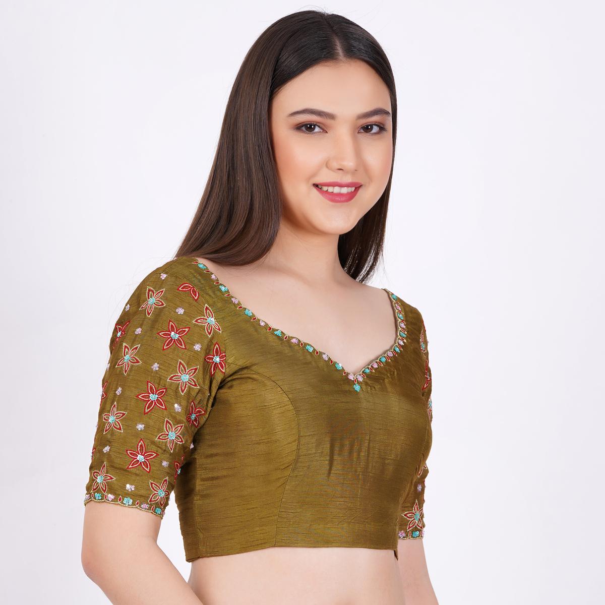 Women's Silk Olive Green Hand Embroided Blouse