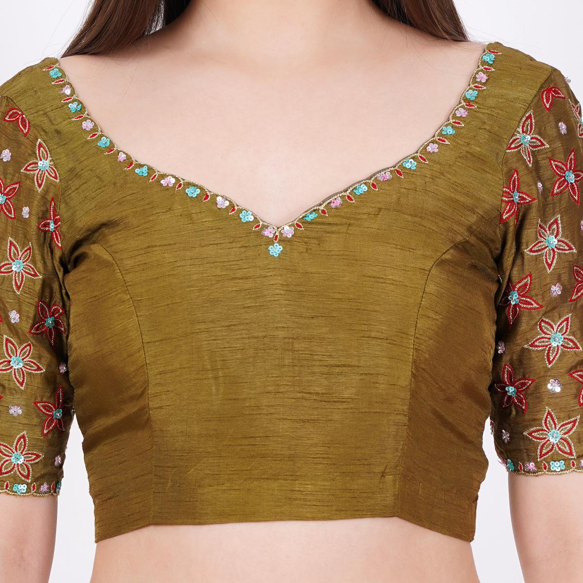 Women's Silk Olive Green Hand Embroided Blouse