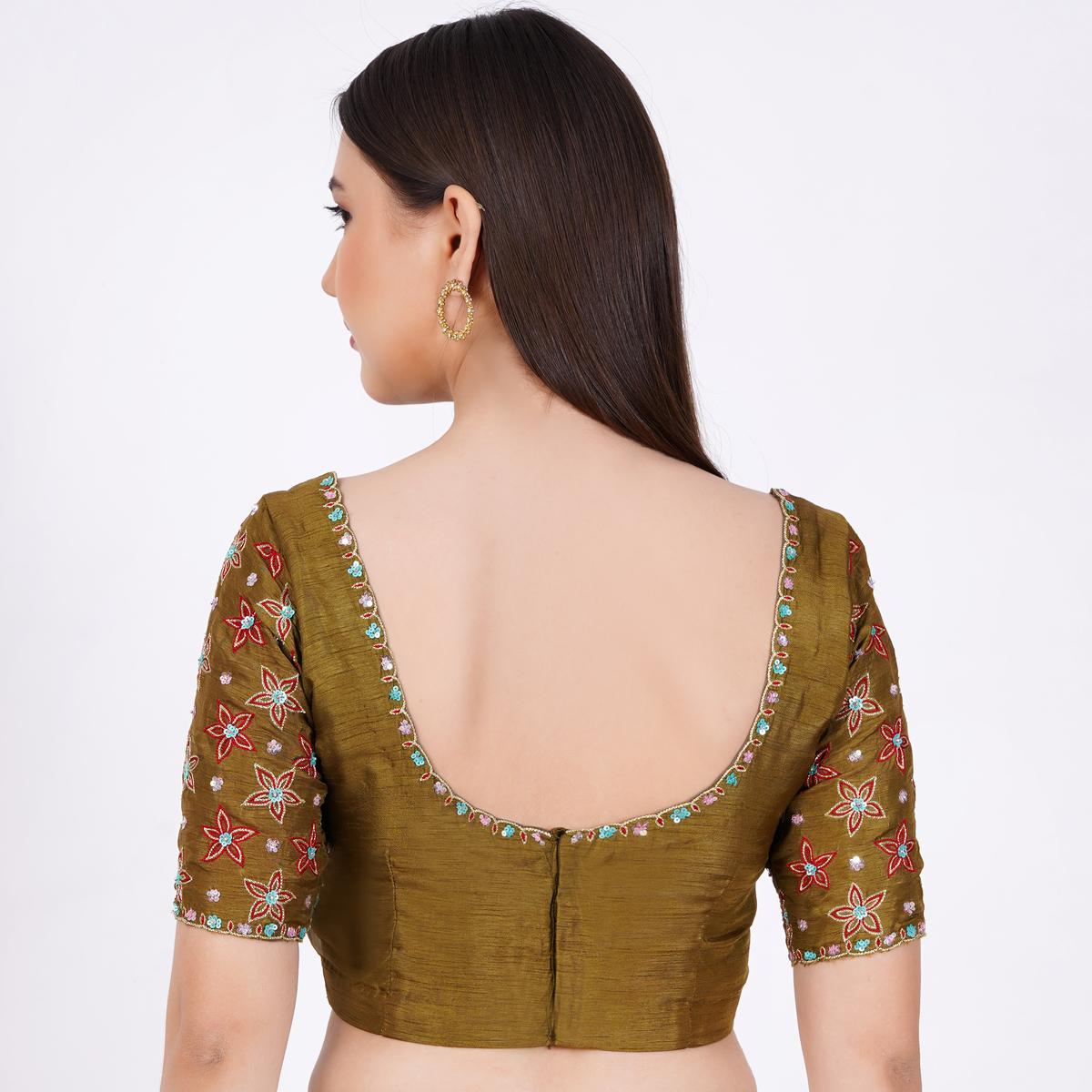 Women's Silk Olive Green Hand Embroided Blouse