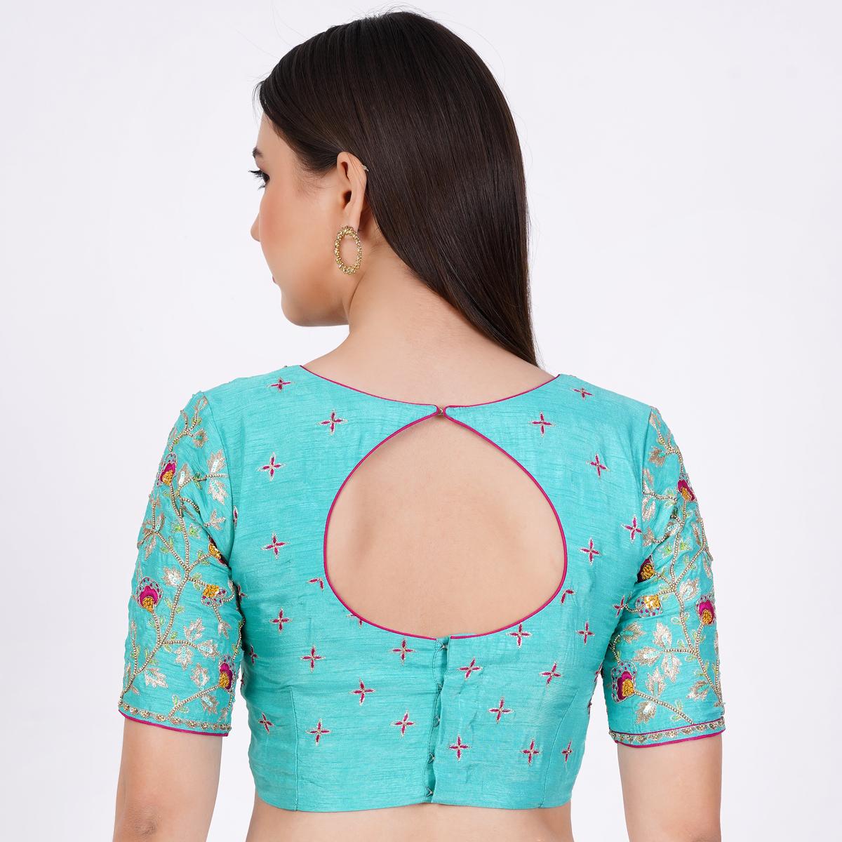 Women's Silk Sky Blue Hand Embroided Blouse