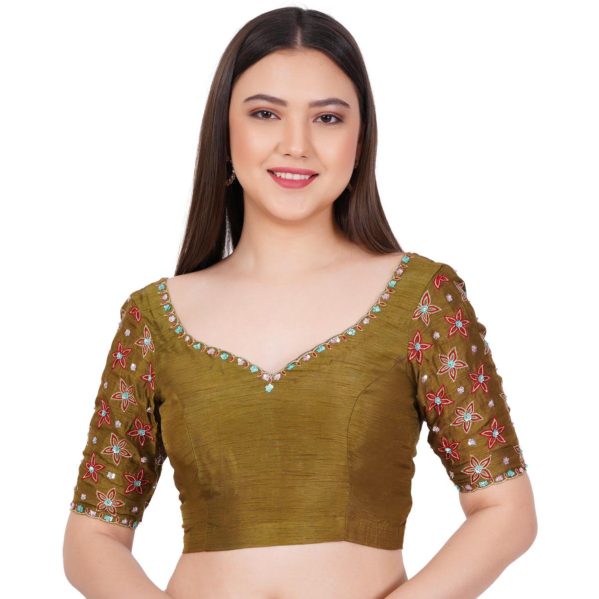 Women's Silk Olive Green Hand Embroided Blouse