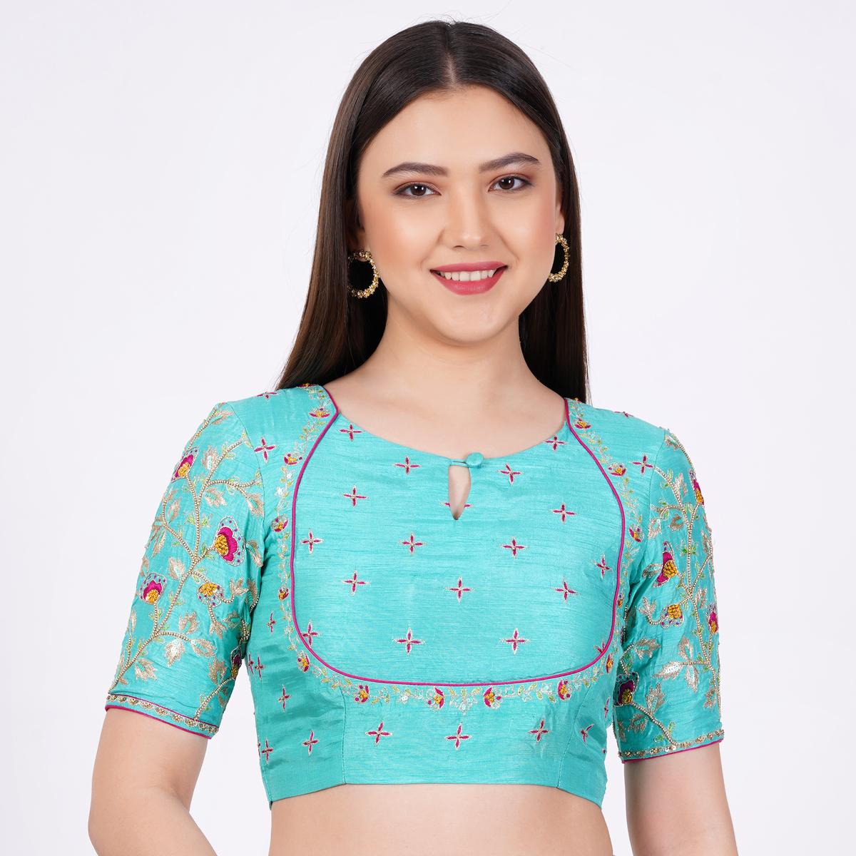 Women's Silk Sky Blue Hand Embroided Blouse
