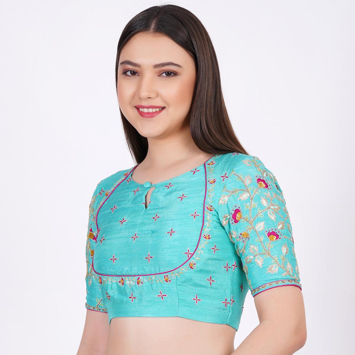 Women's Silk Sky Blue Hand Embroided Blouse