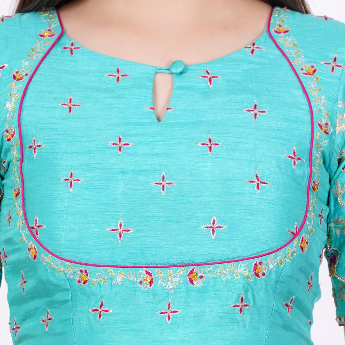 Women's Silk Sky Blue Hand Embroided Blouse