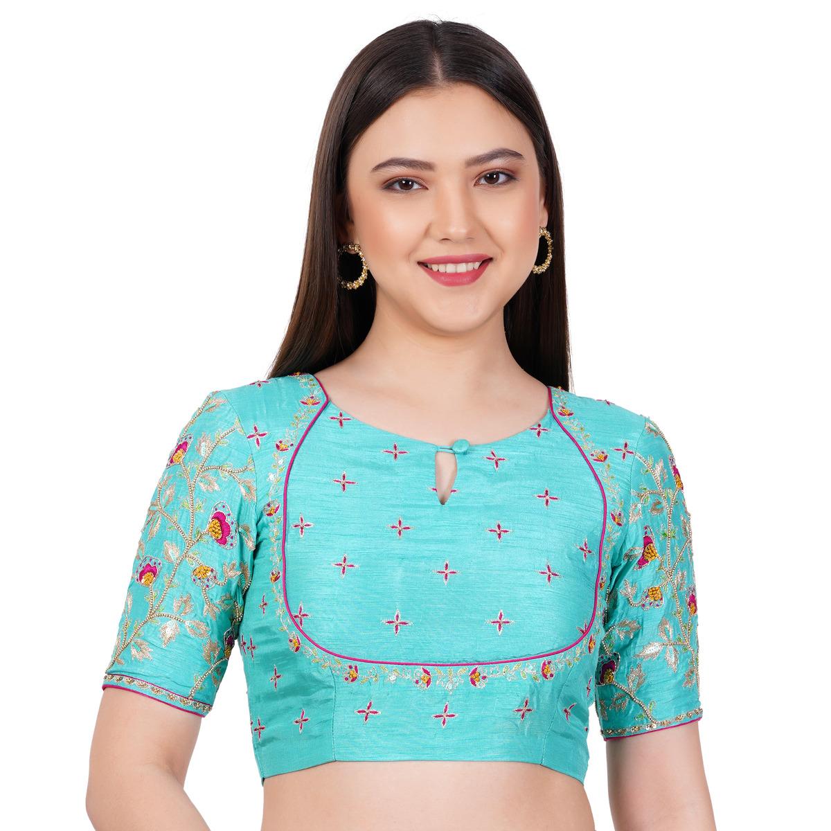 Women's Silk Sky Blue Hand Embroided Blouse