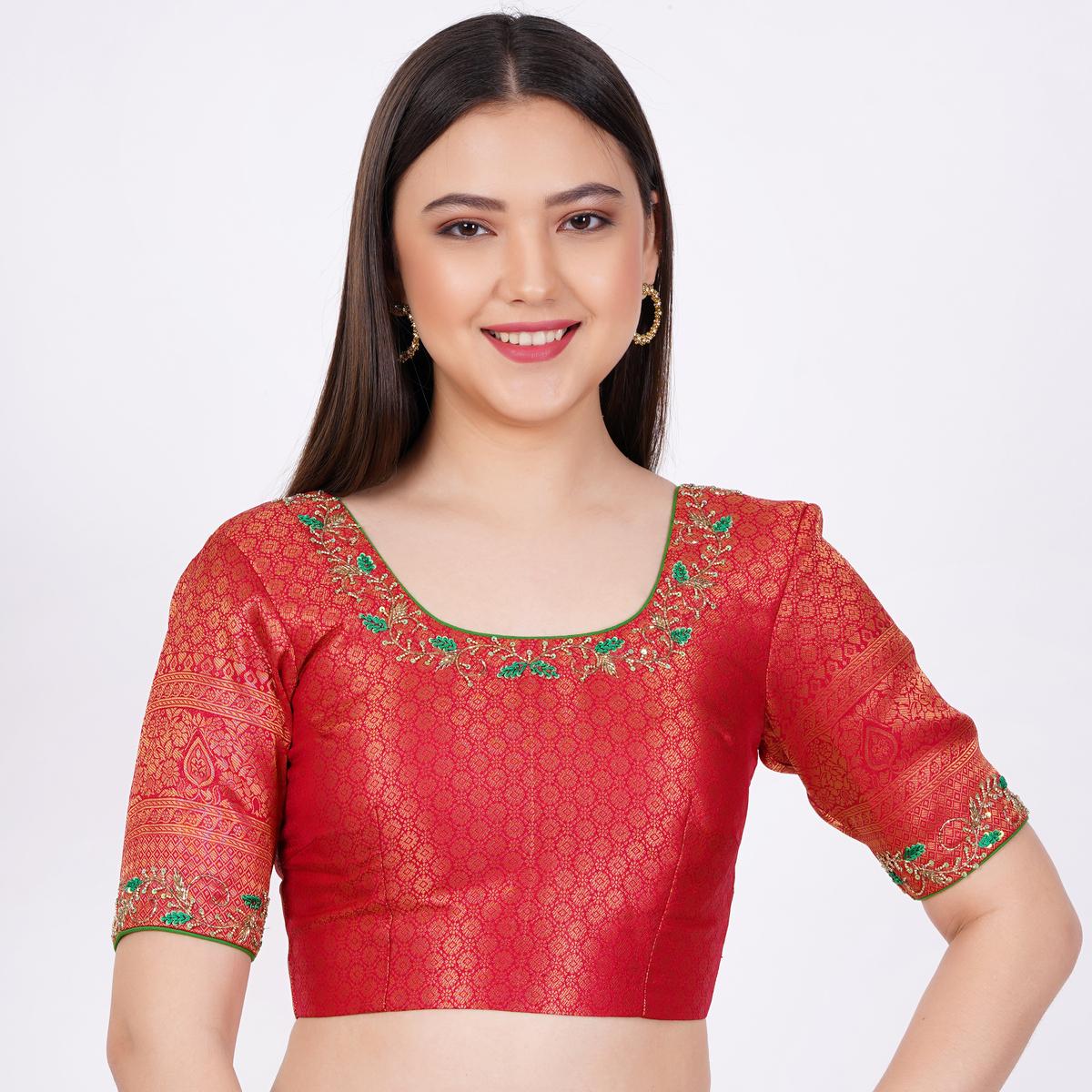 Women's Banarsi Silk Red Color Hand Embroided Blouse