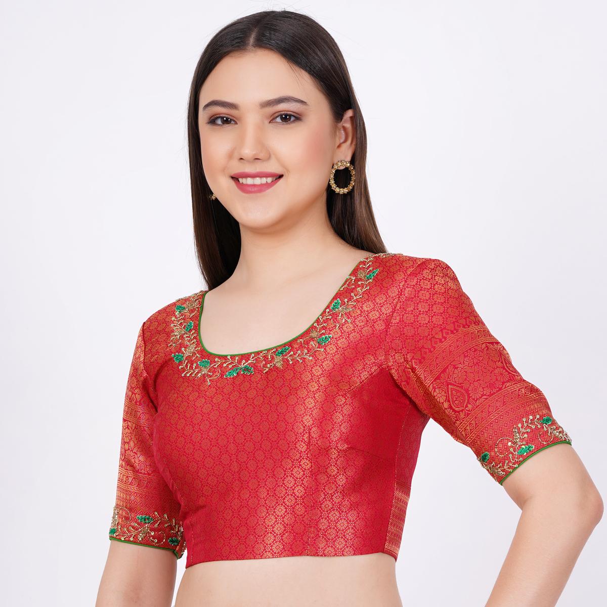 Women's Banarsi Silk Red Color Hand Embroided Blouse