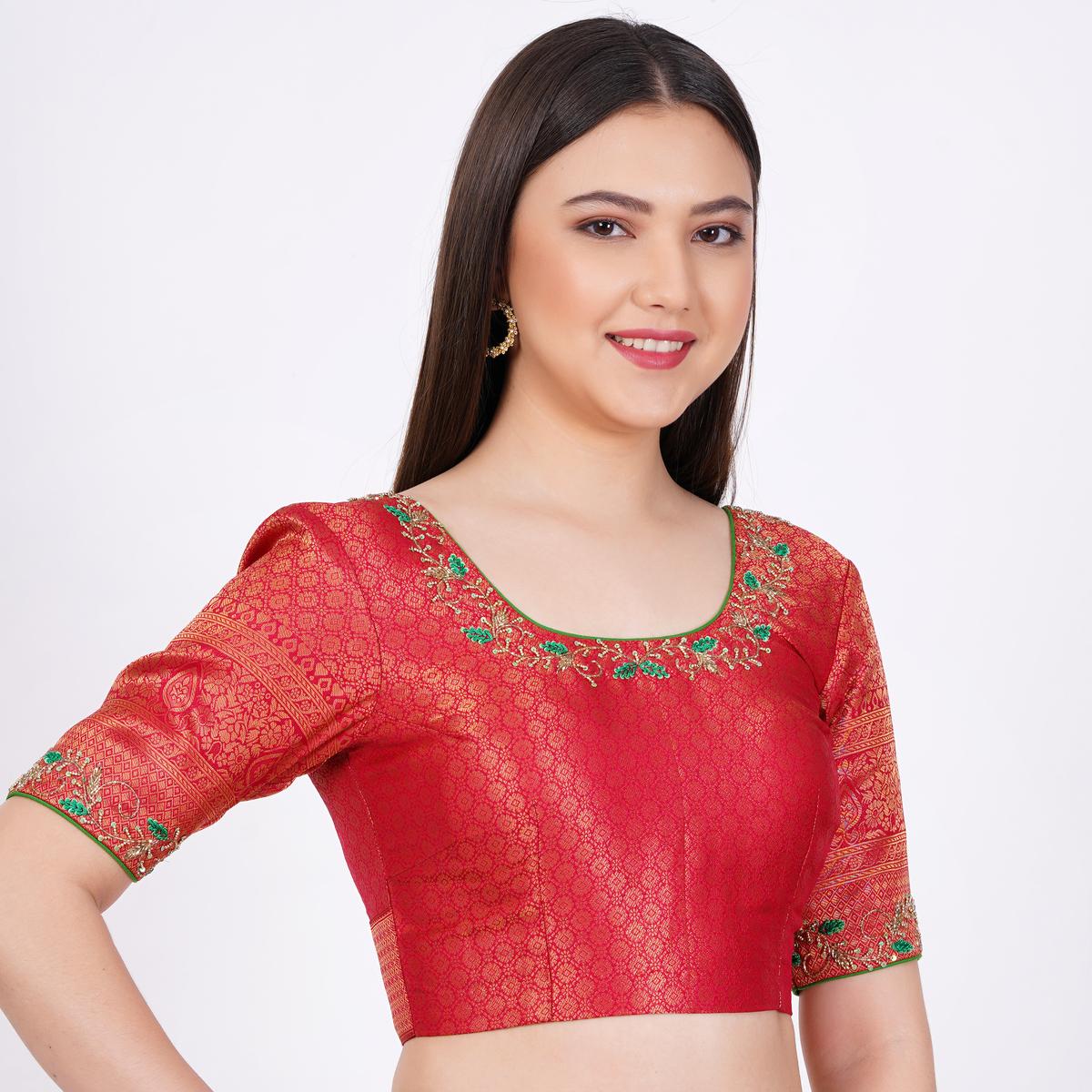 Women's Banarsi Silk Red Color Hand Embroided Blouse