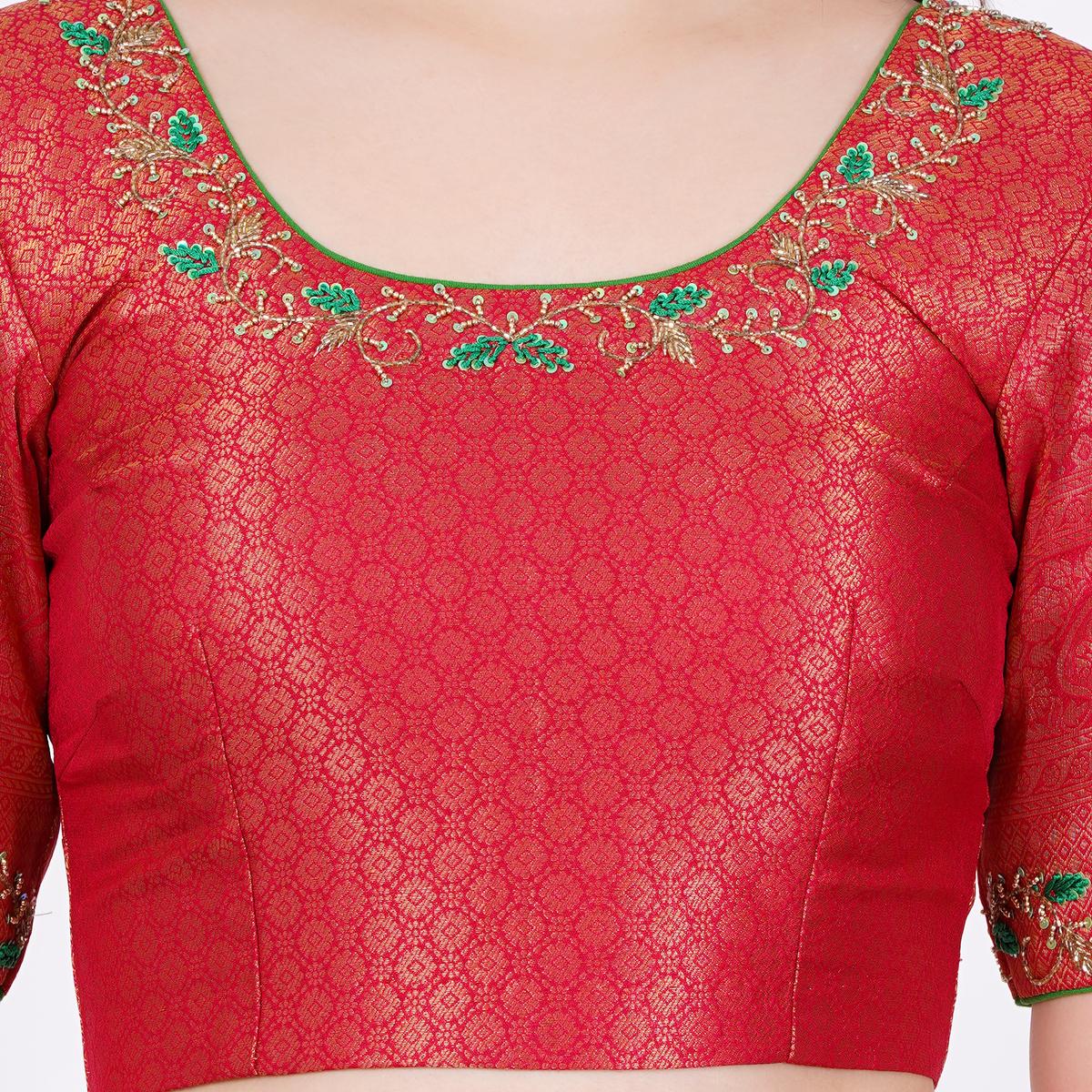 Women's Banarsi Silk Red Color Hand Embroided Blouse