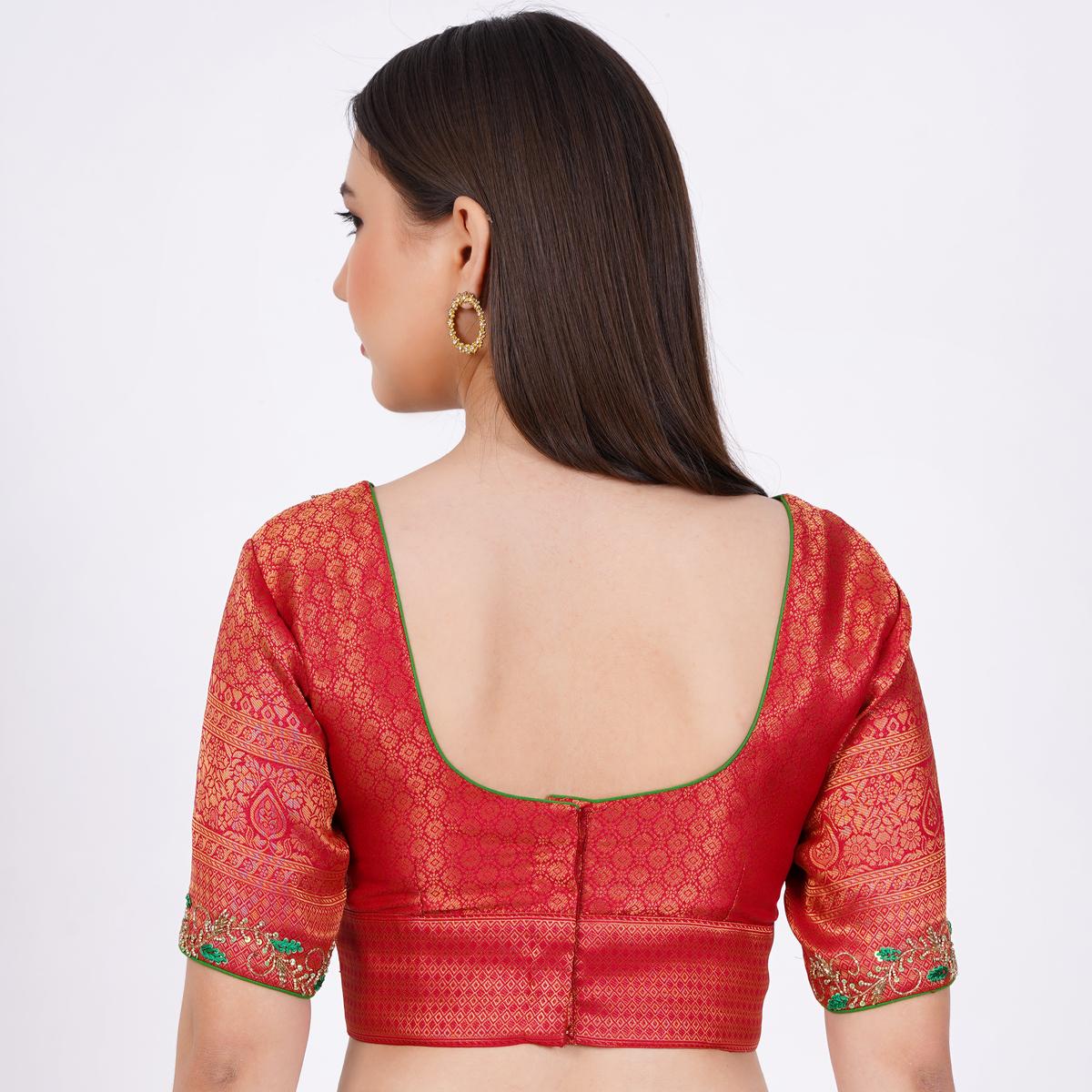 Women's Banarsi Silk Red Color Hand Embroided Blouse