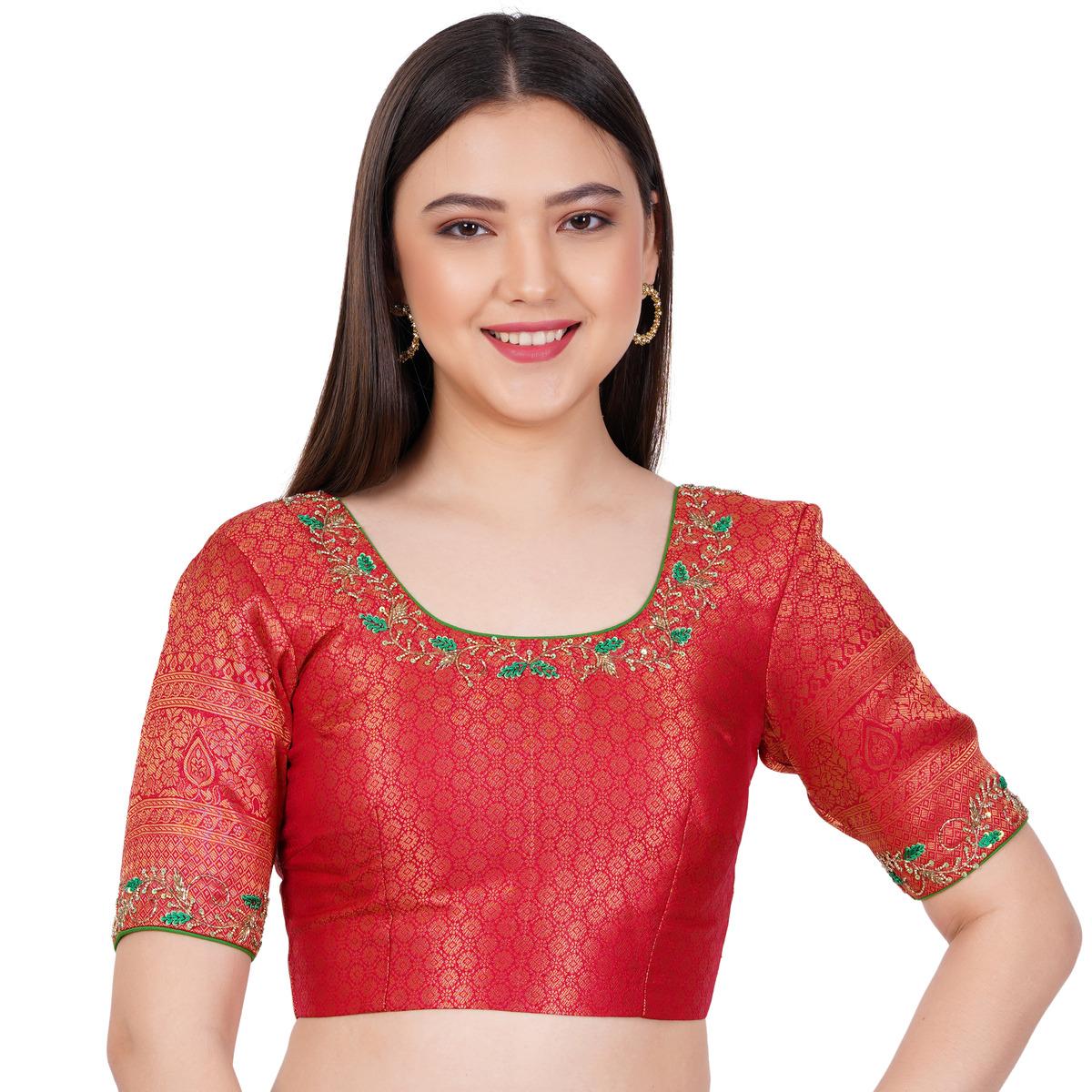 Women's Banarsi Silk Red Color Hand Embroided Blouse