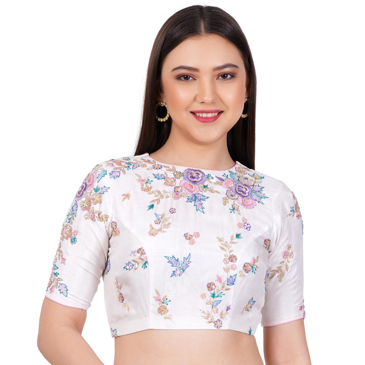 Women's Silk White Color Hand Embroided Blouse