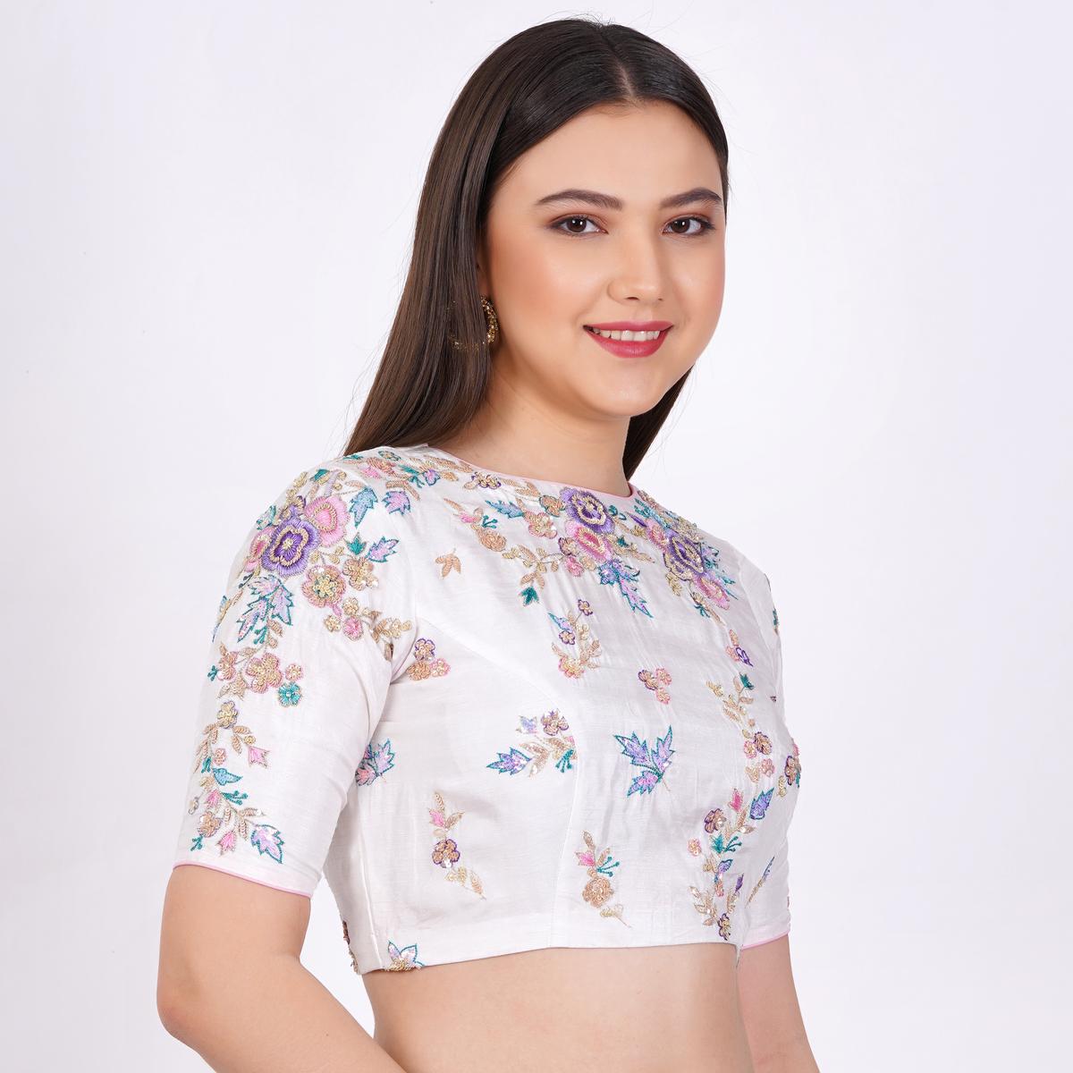 Women's Silk White Color Hand Embroided Blouse