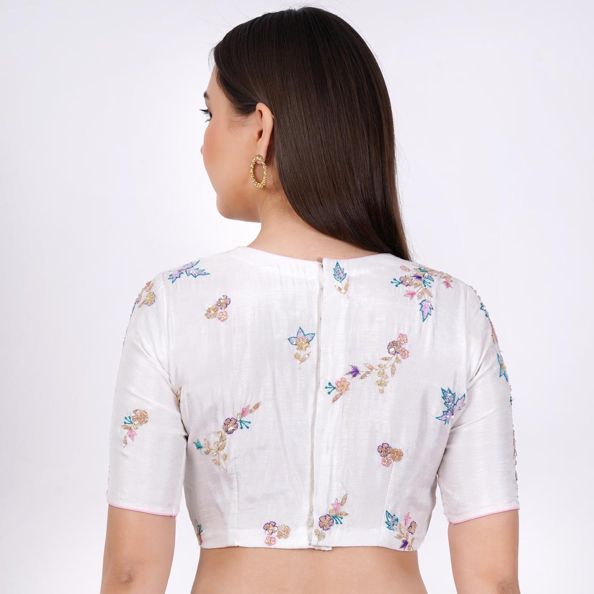 Women's Silk White Color Hand Embroided Blouse