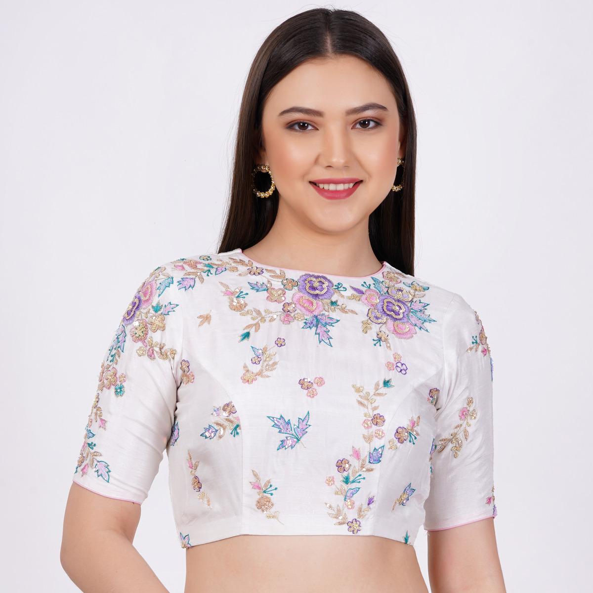 Women's Silk White Color Hand Embroided Blouse