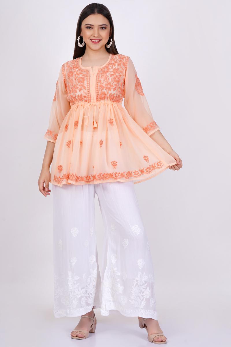 Women's Orange Chikankari Ghas Pati Hand Work