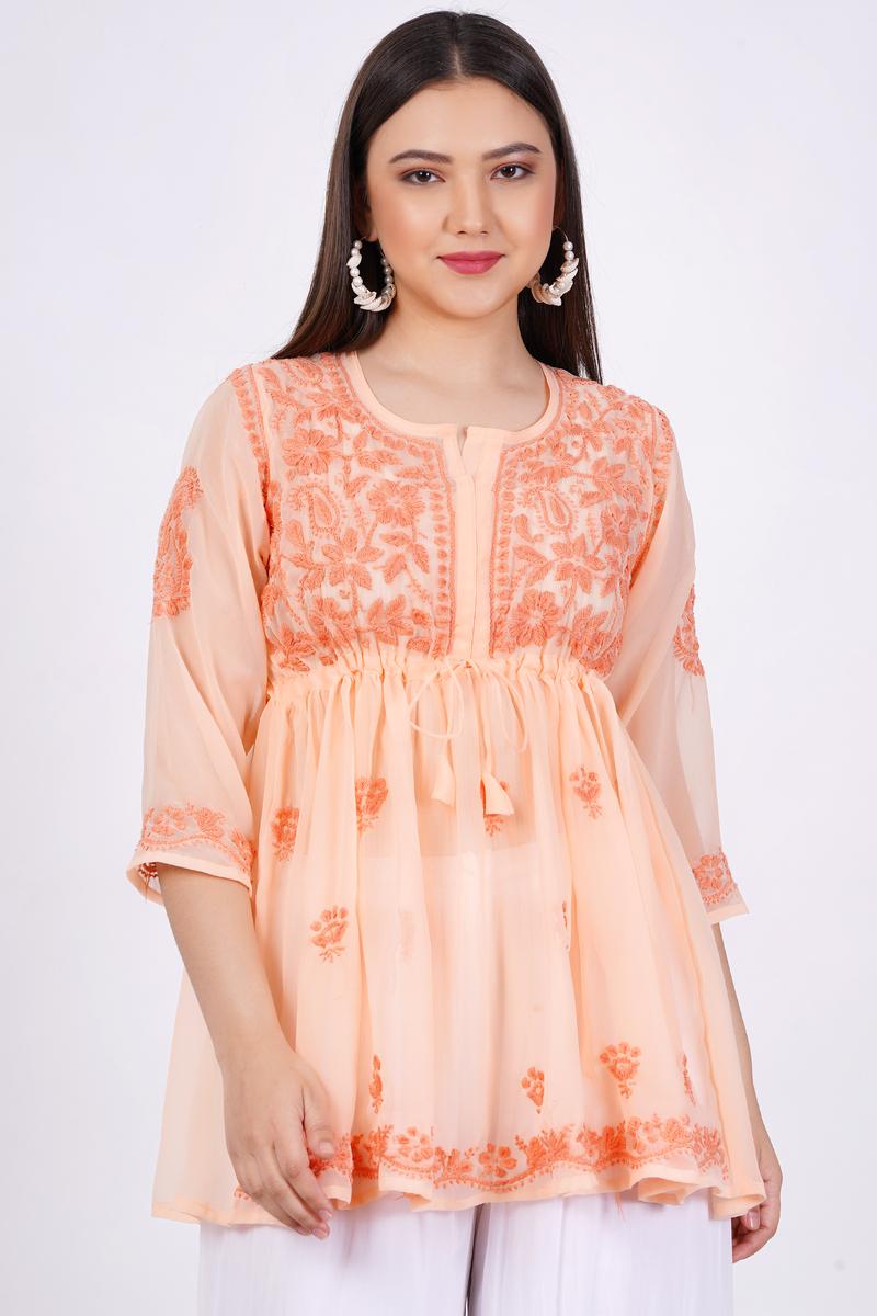 Women's Orange Chikankari Ghas Pati Hand Work