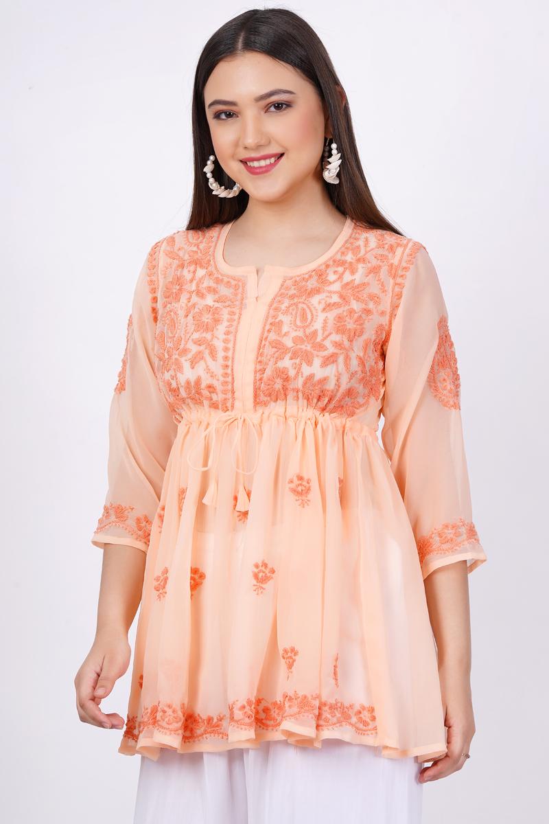 Women's Orange Chikankari Ghas Pati Hand Work