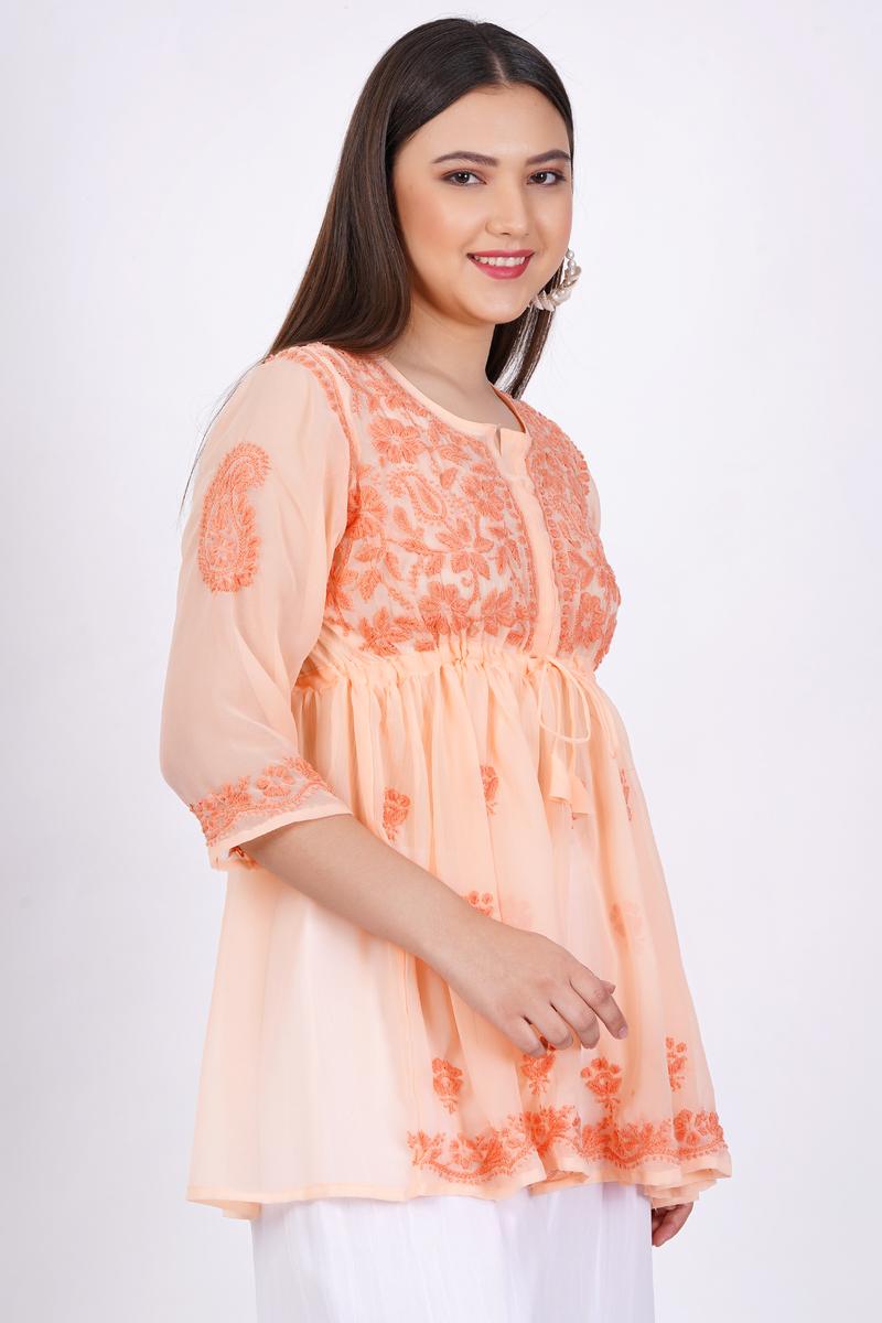 Women's Orange Chikankari Ghas Pati Hand Work