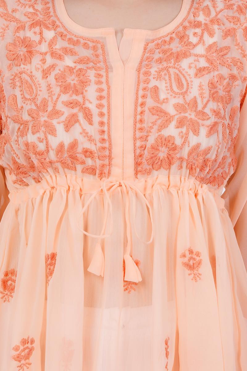 Women's Orange Chikankari Ghas Pati Hand Work