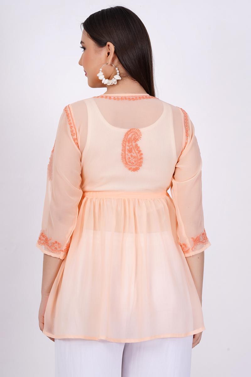 Women's Orange Chikankari Ghas Pati Hand Work