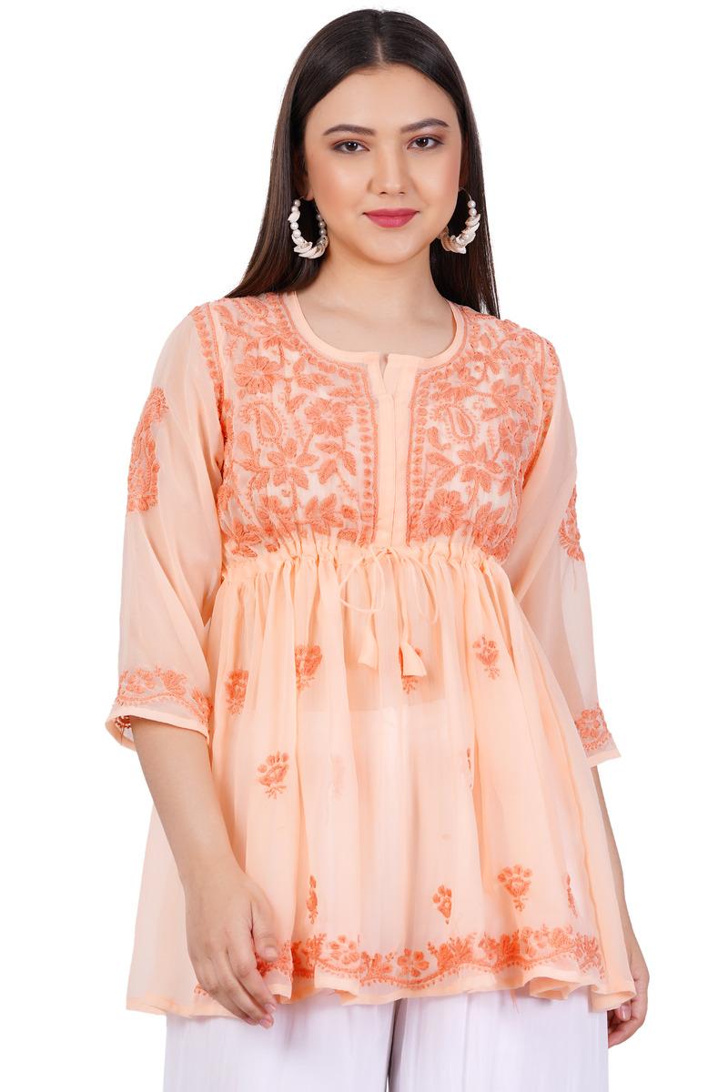 Women's Orange Chikankari Ghas Pati Hand Work