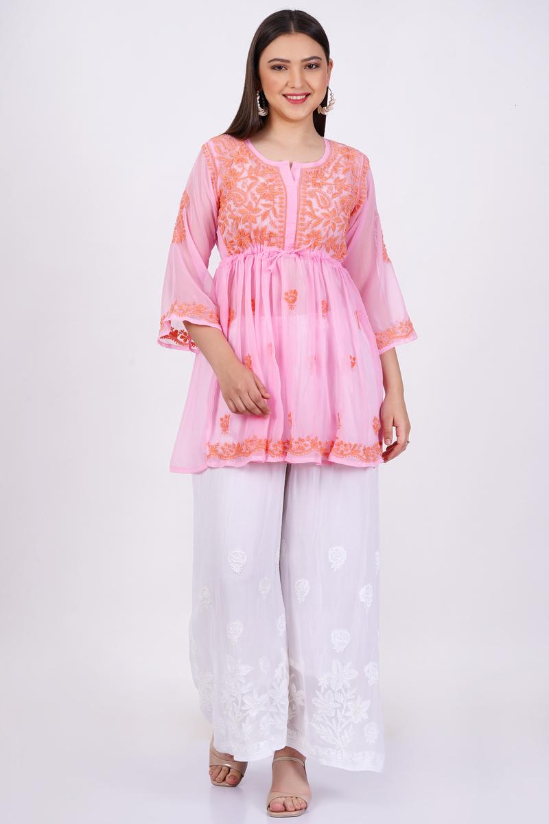 Women's Light Pink Chikankari Ghas Pati Hand Work
