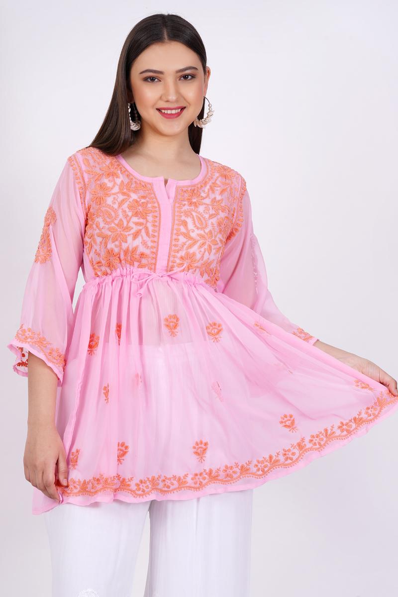 Women's Light Pink Chikankari Ghas Pati Hand Work