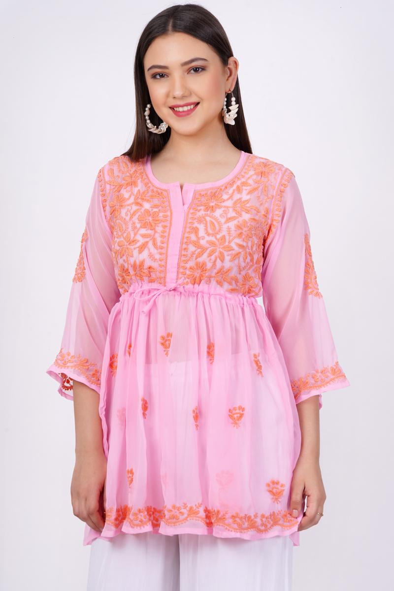 Women's Light Pink Chikankari Ghas Pati Hand Work