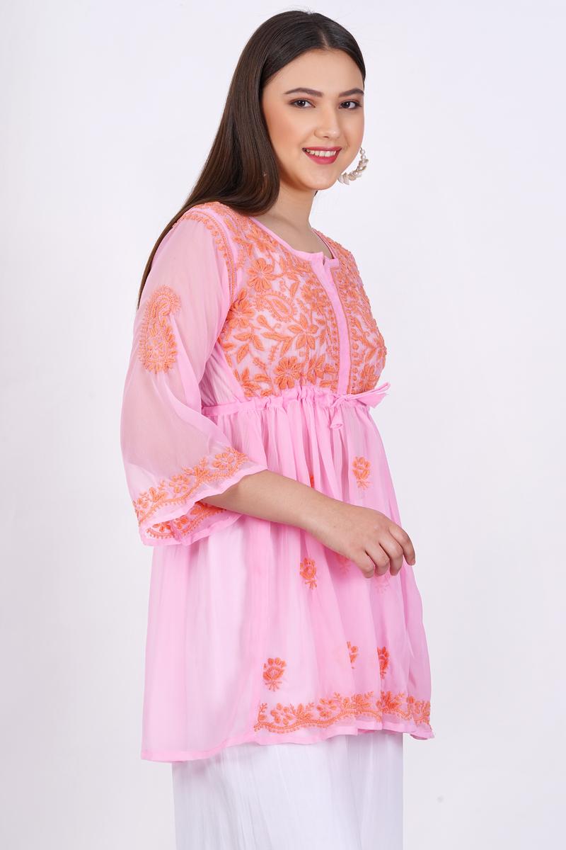 Women's Light Pink Chikankari Ghas Pati Hand Work