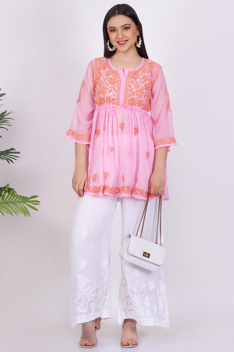 Women's Light Pink Chikankari Ghas Pati Hand Work