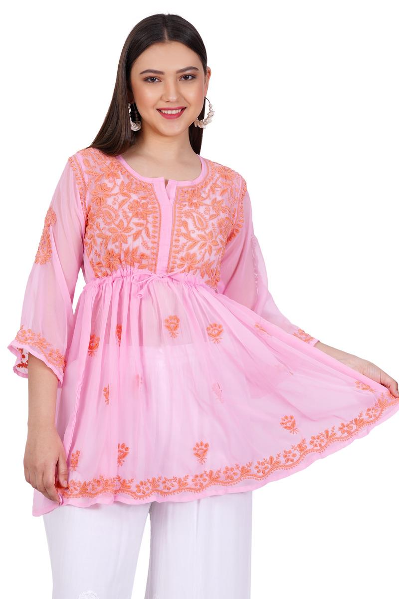 Women's Light Pink Chikankari Ghas Pati Hand Work
