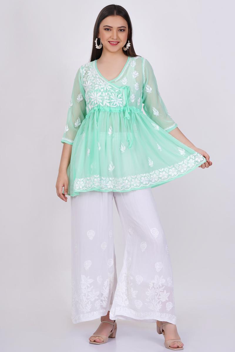 Women's Green Chikankari Ghas Pati Hand Work