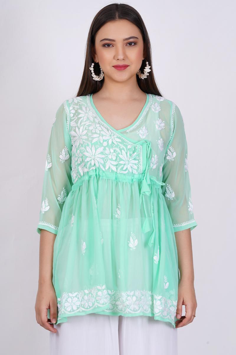 Women's Green Chikankari Ghas Pati Hand Work