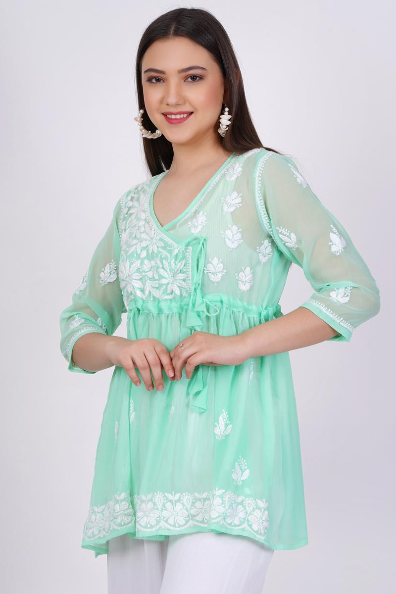 Women's Green Chikankari Ghas Pati Hand Work