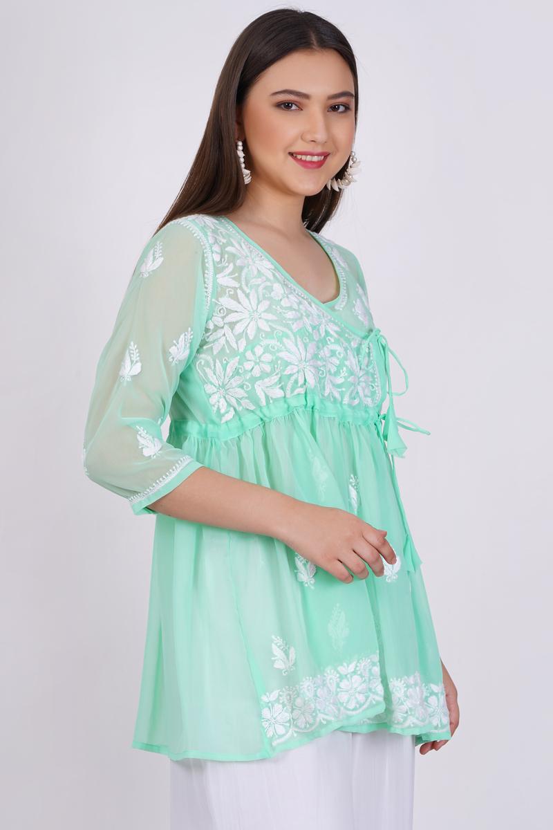 Women's Green Chikankari Ghas Pati Hand Work