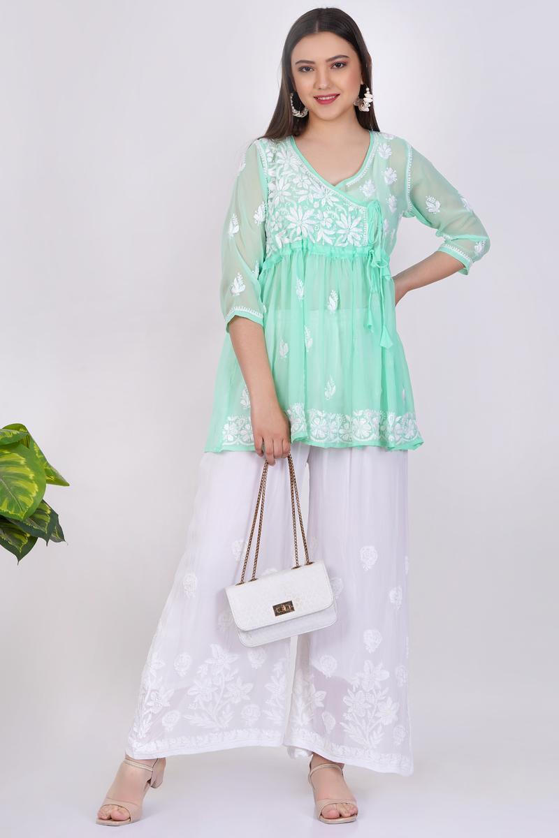 Women's Green Chikankari Ghas Pati Hand Work