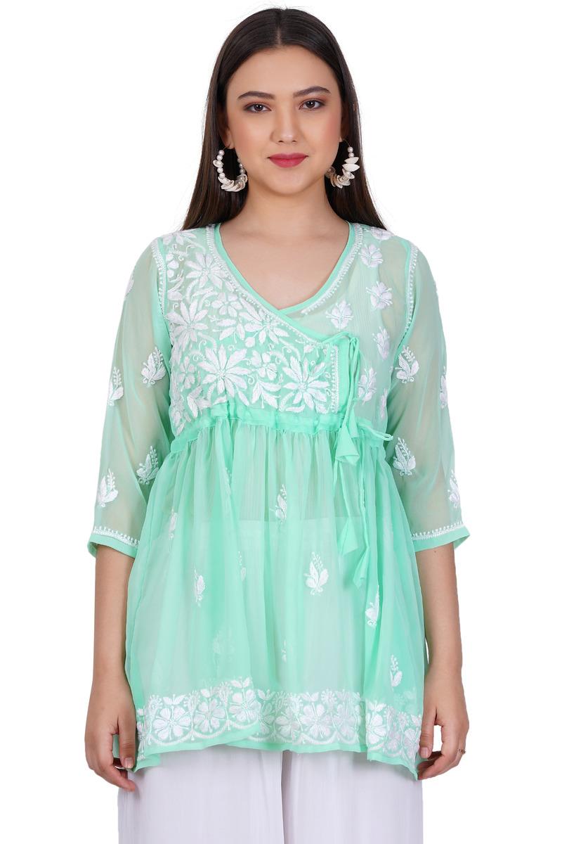 Women's Green Chikankari Ghas Pati Hand Work