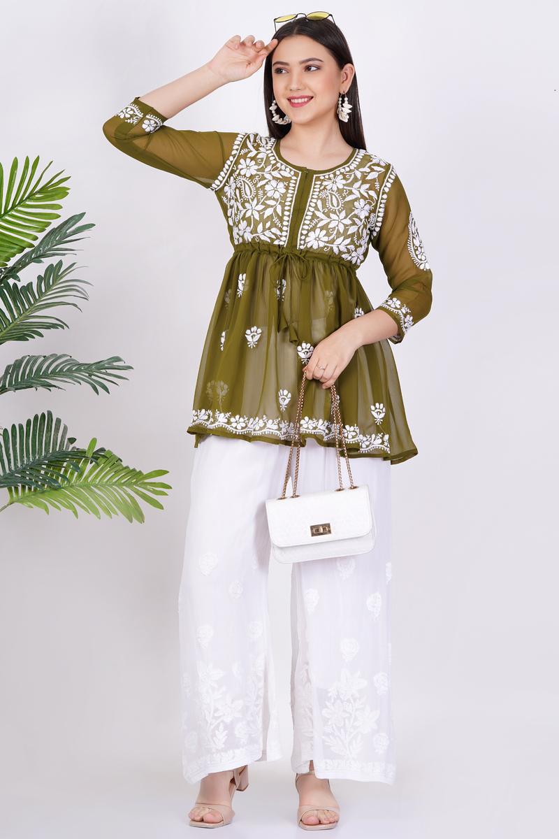 Women's Sea Green Chikankari Ghas Pati Hand Work