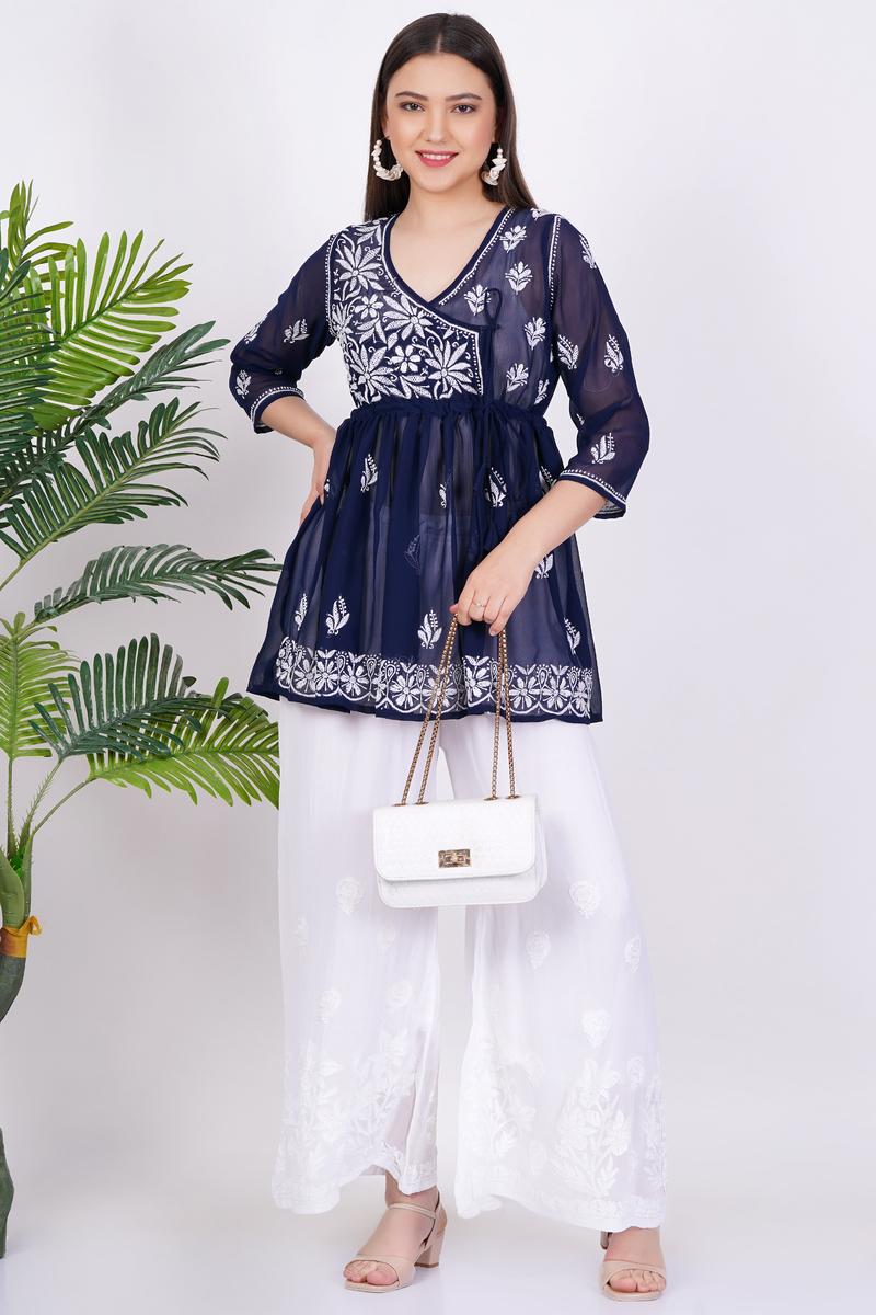 Women's Navy Blue Chikankari Ghas Pati Bakhiya Hand Work