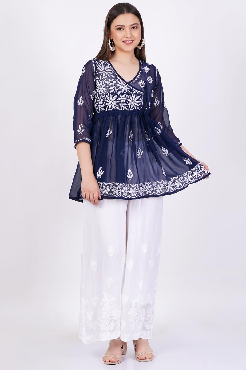 Women's Navy Blue Chikankari Ghas Pati Bakhiya Hand Work