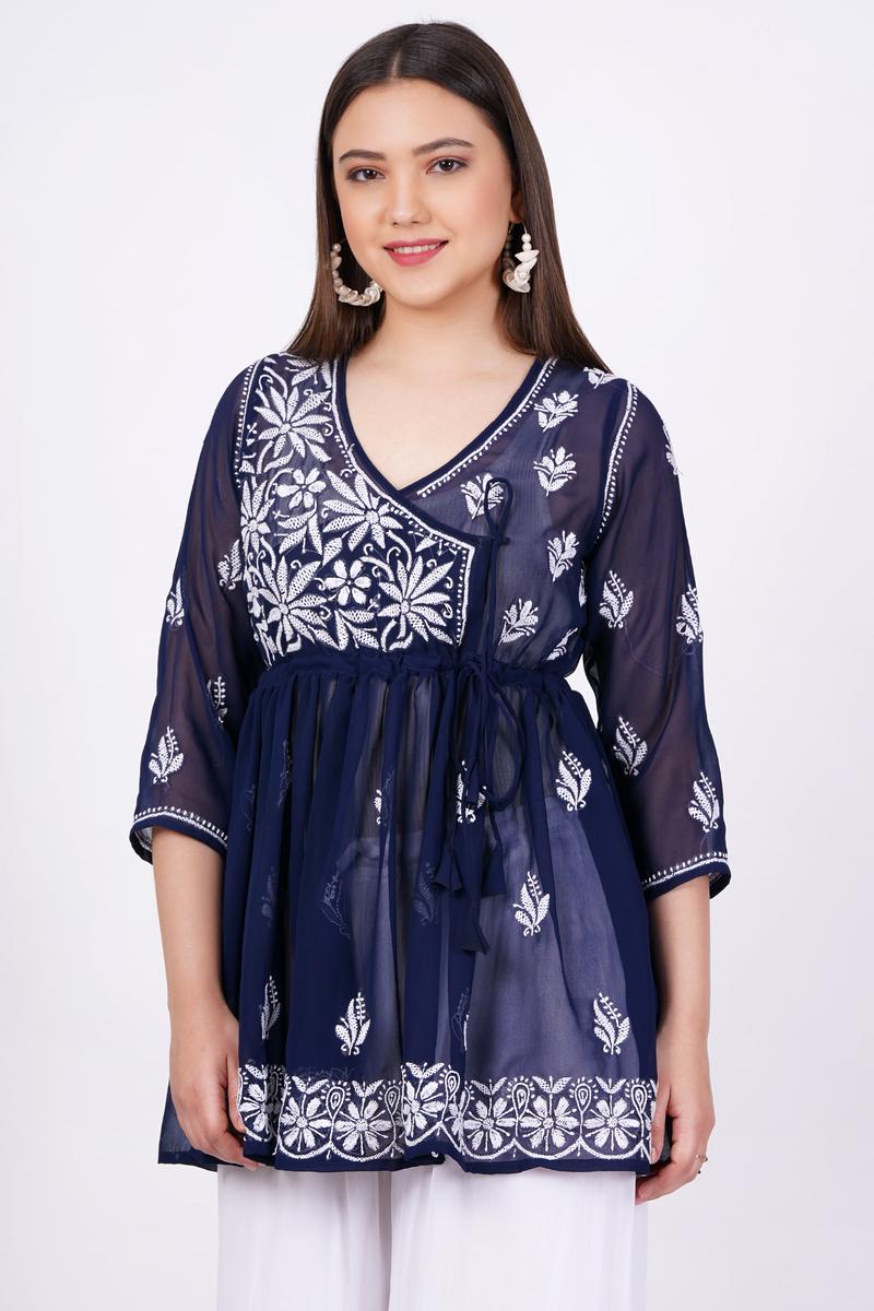 Women's Navy Blue Chikankari Ghas Pati Bakhiya Hand Work