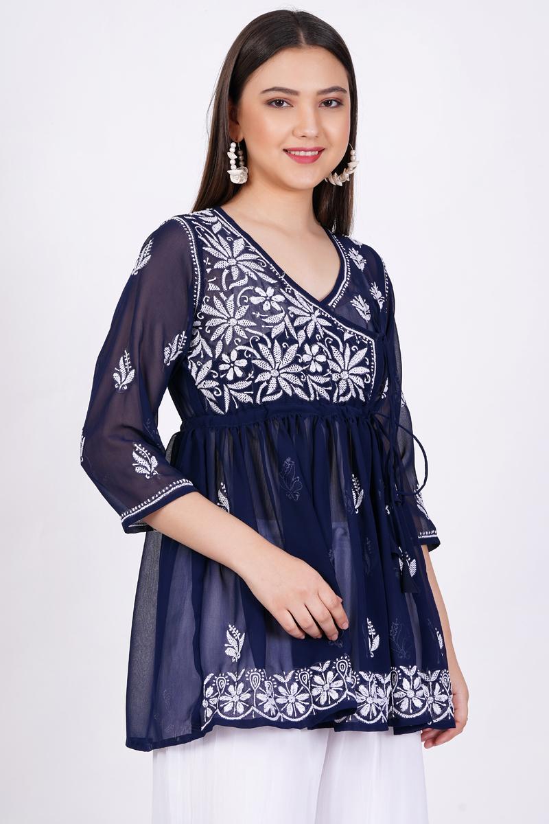 Women's Navy Blue Chikankari Ghas Pati Bakhiya Hand Work
