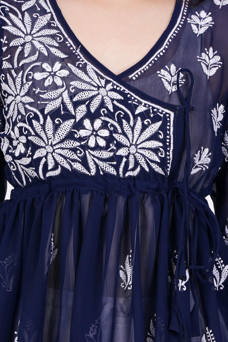 Women's Navy Blue Chikankari Ghas Pati Bakhiya Hand Work