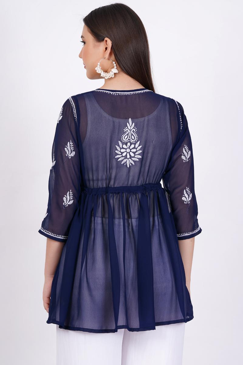 Women's Navy Blue Chikankari Ghas Pati Bakhiya Hand Work