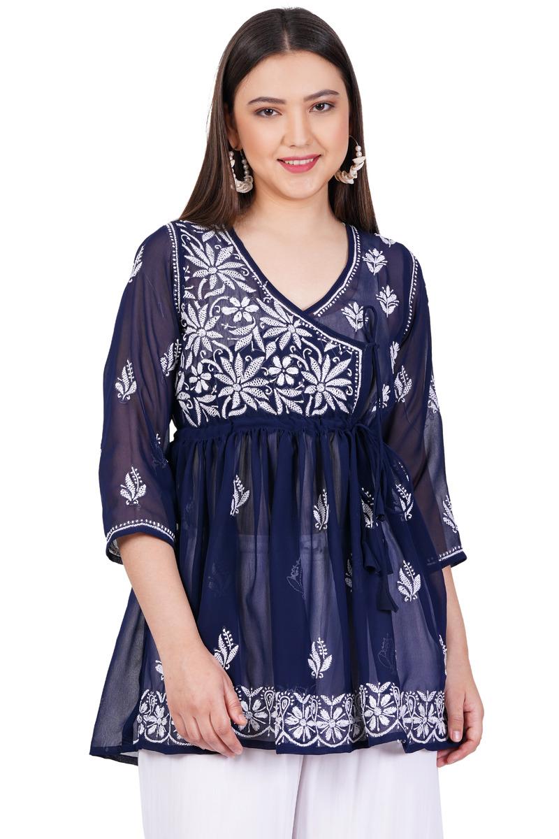 Women's Navy Blue Chikankari Ghas Pati Bakhiya Hand Work