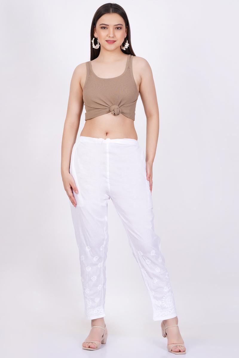Women's White Chikankari Straight Bottom