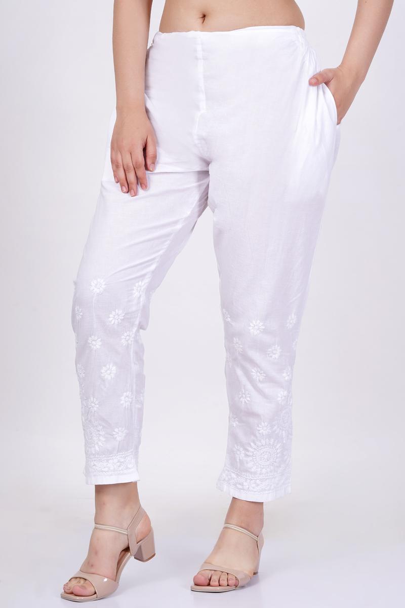 Women's White Chikankari Straight Bottom