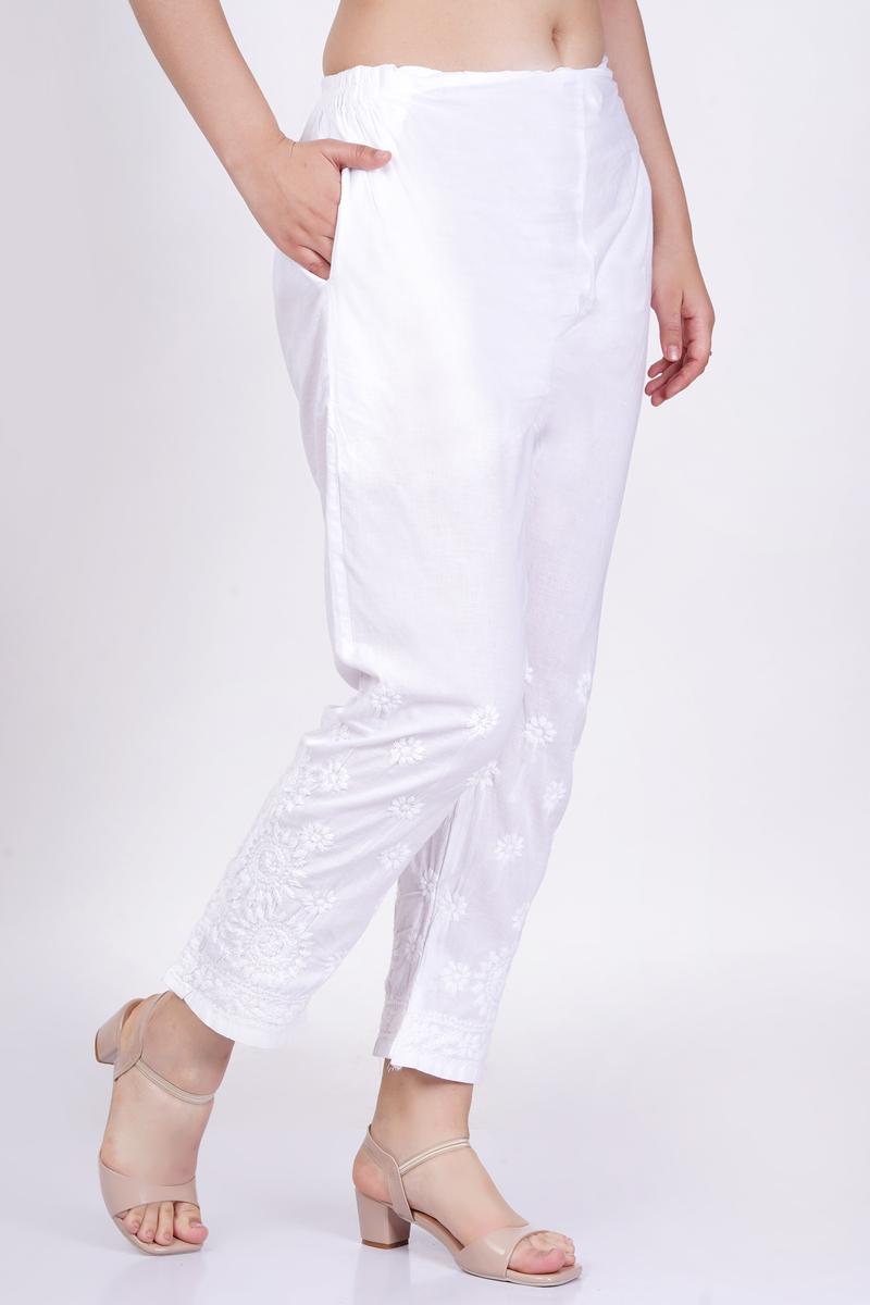 Women's White Chikankari Straight Bottom