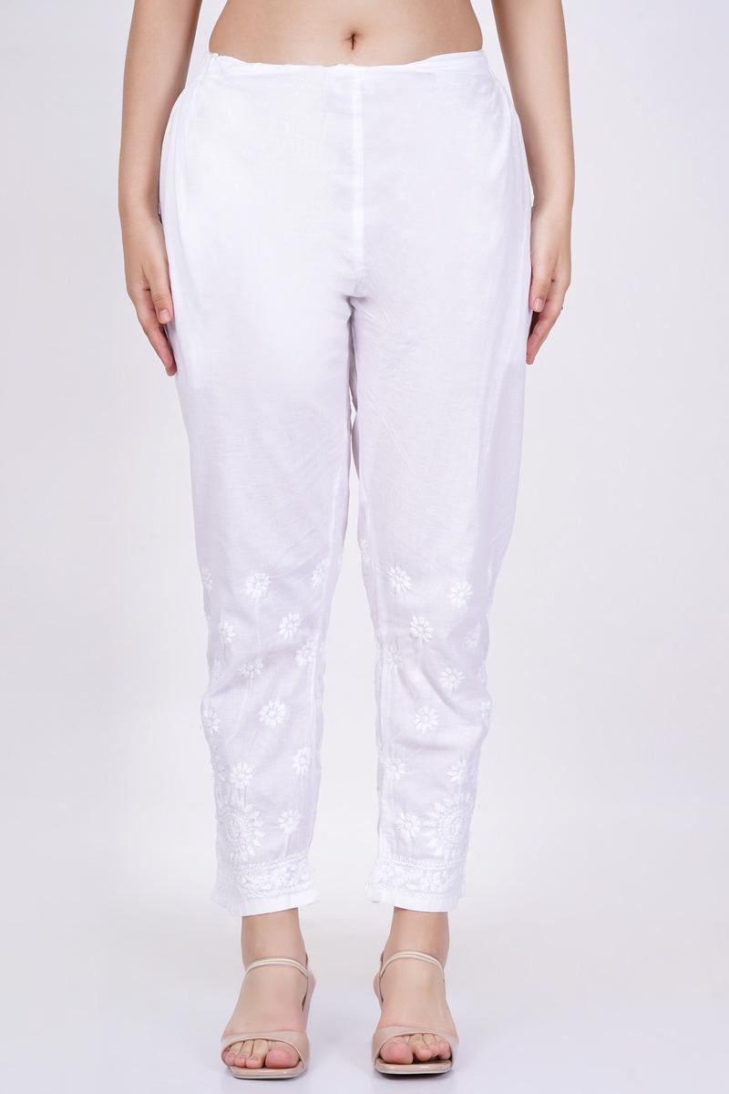 Women's White Chikankari Straight Bottom